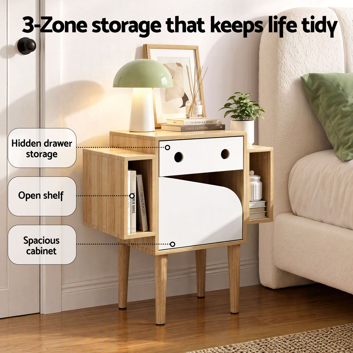 Bedside Table with Drawer Robot Design for Kids Bedroom - White and Pine