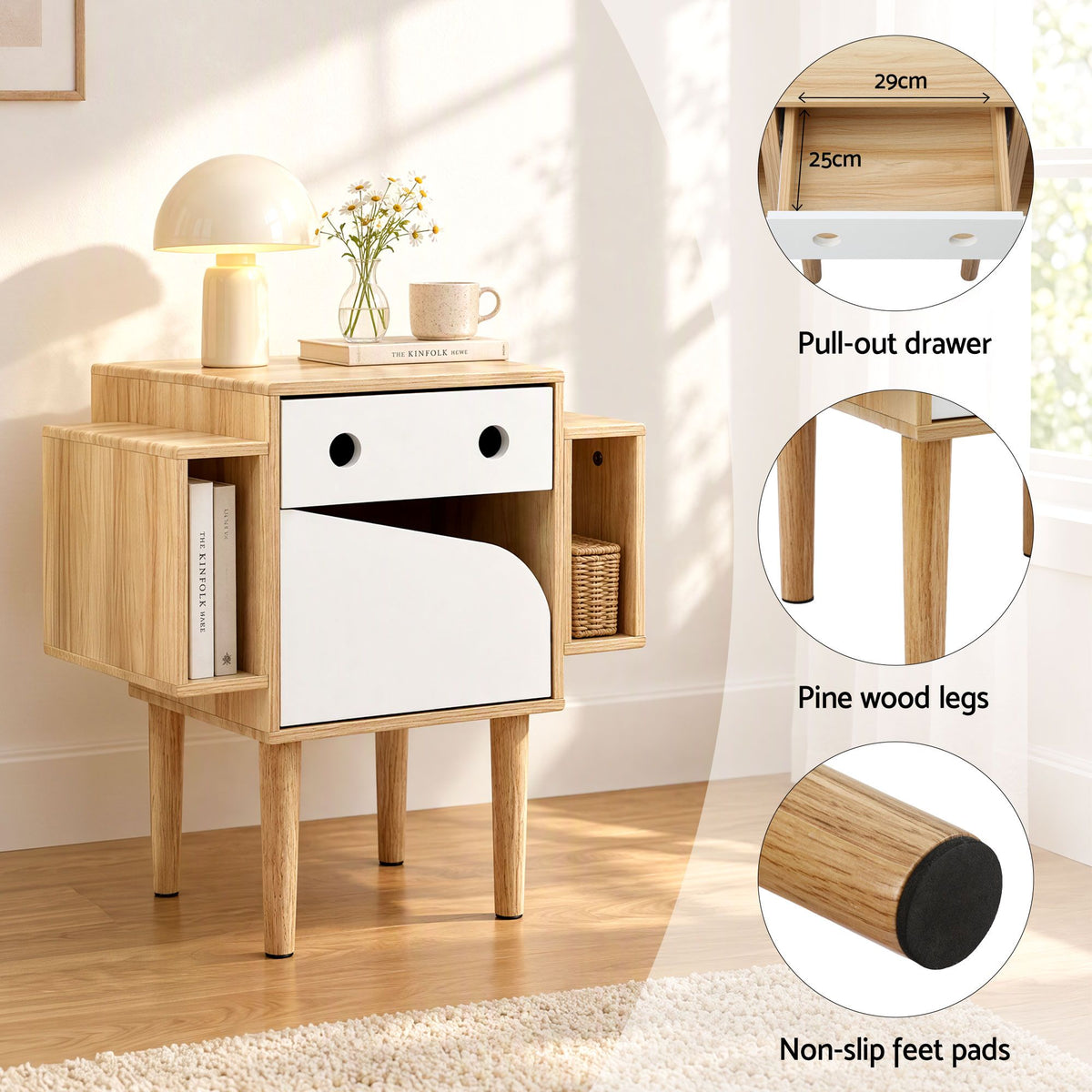Bedside Table with Drawer Robot Design for Kids Bedroom - White and Pine