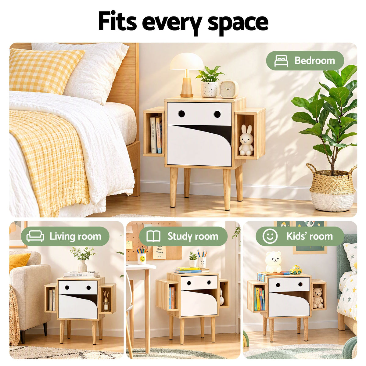 Bedside Table with Drawer Robot Design for Kids Bedroom - White and Pine