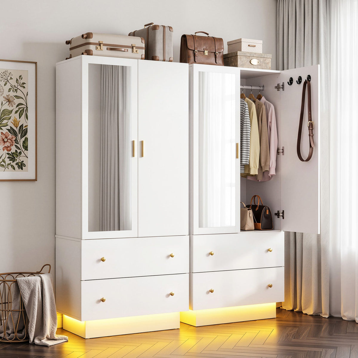 LED Wardrobe Cabinet with Mirror, 2 Drawers & Hanging Rail