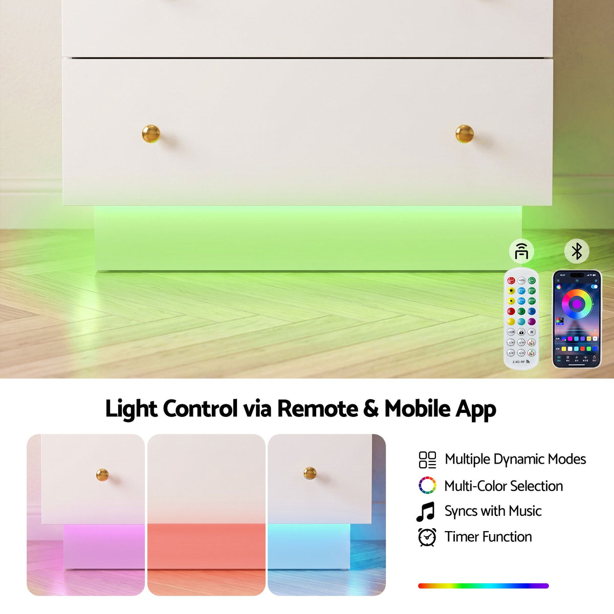 LED Wardrobe Cabinet with Mirror, 2 Drawers & Hanging Rail