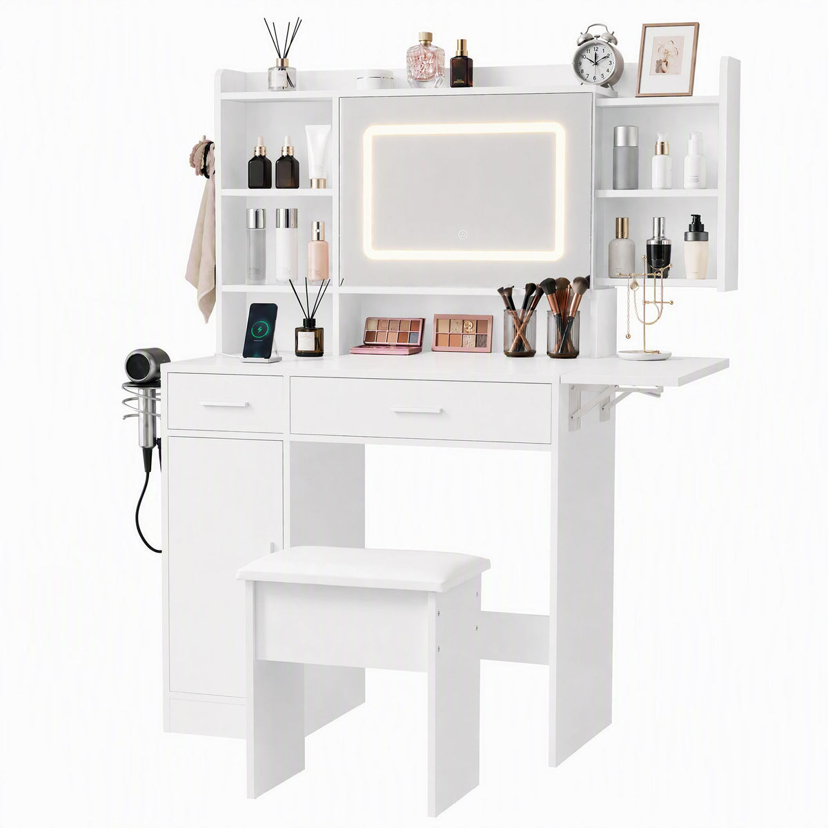 Dressing Table Vanity Desk Set with LED Mirror, Charging Station & Stool - White