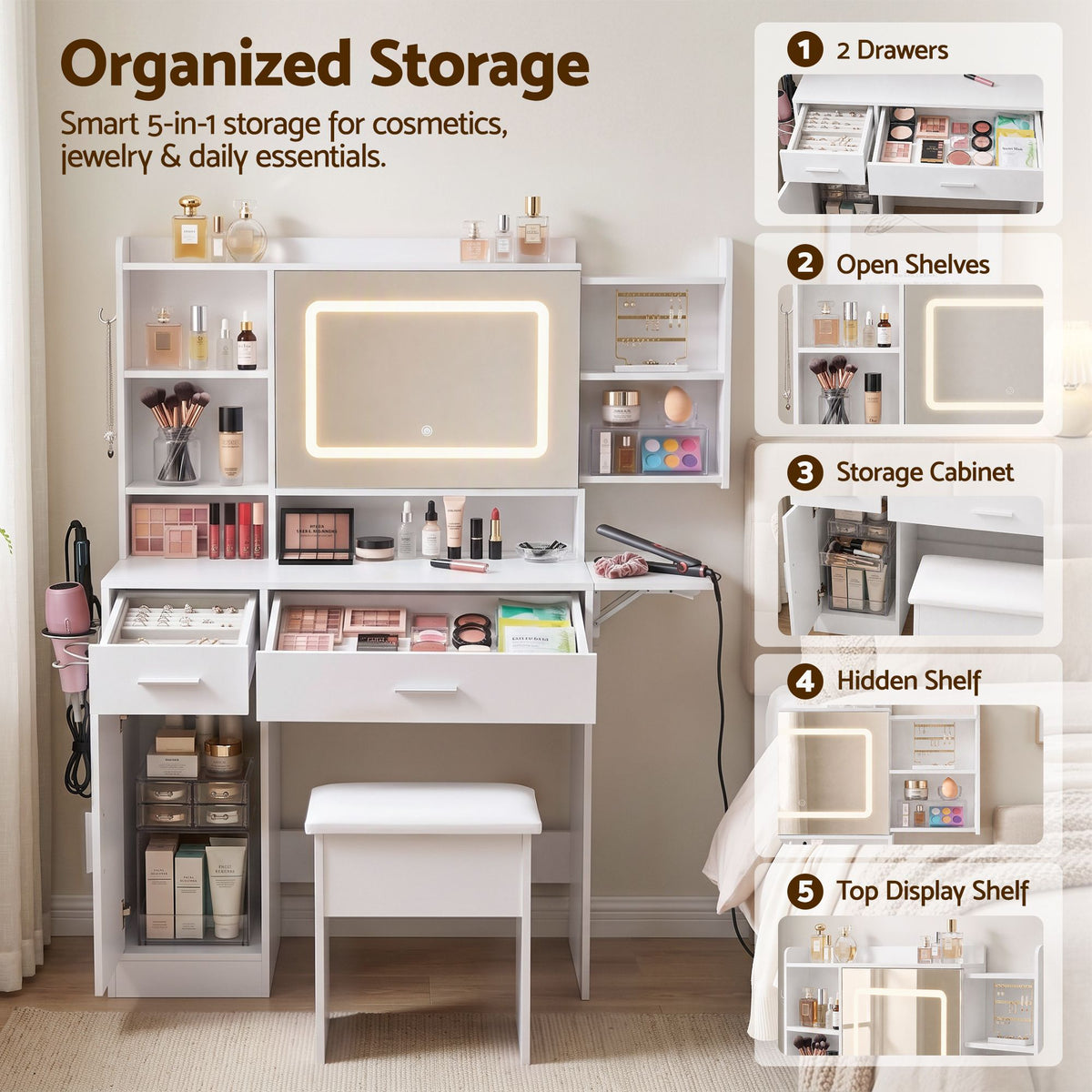 Dressing Table Vanity Desk Set with LED Mirror, Charging Station & Stool - White