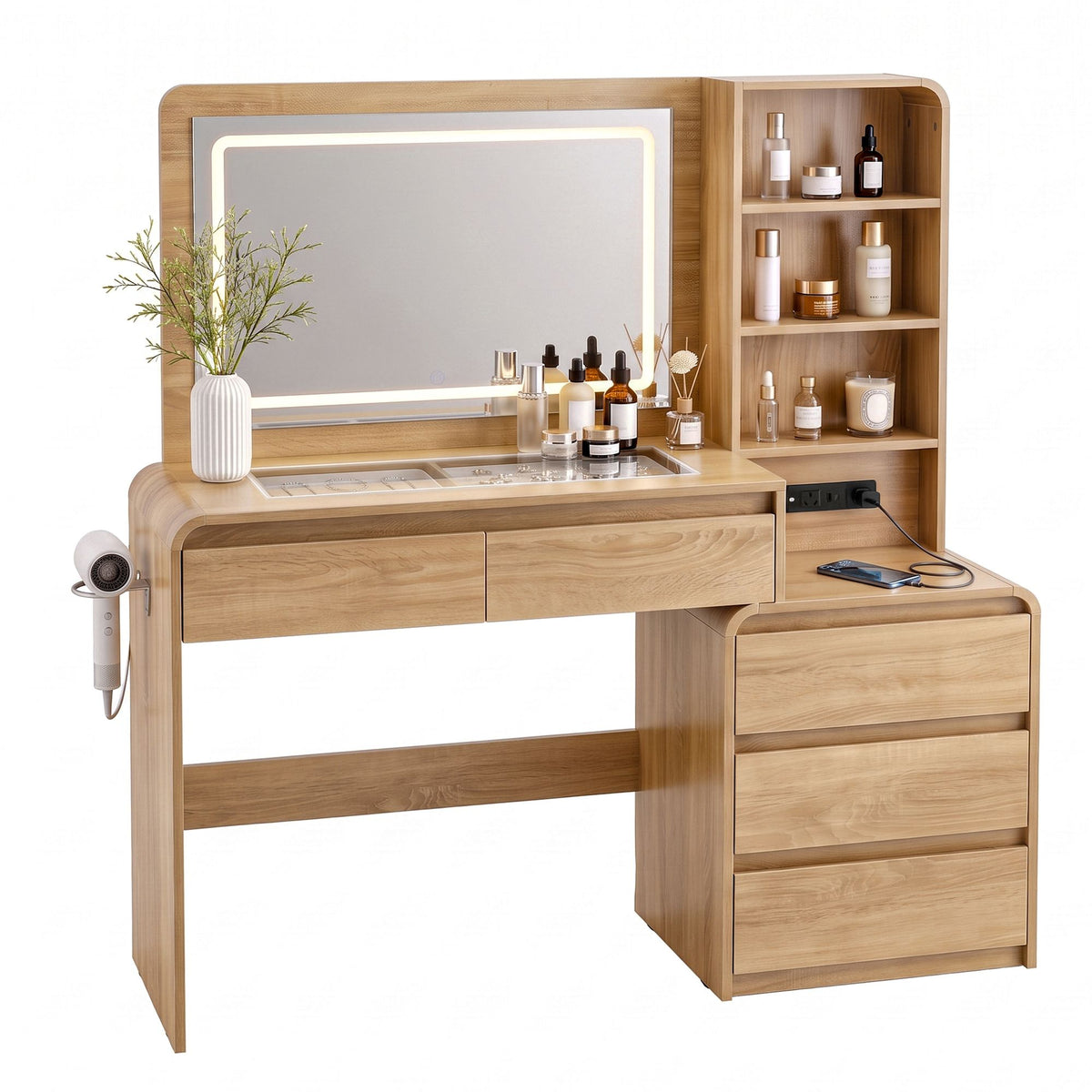 Dressing Table Makeup Vanity Desk with LED Mirror, Drawers & Charging Station - Wood