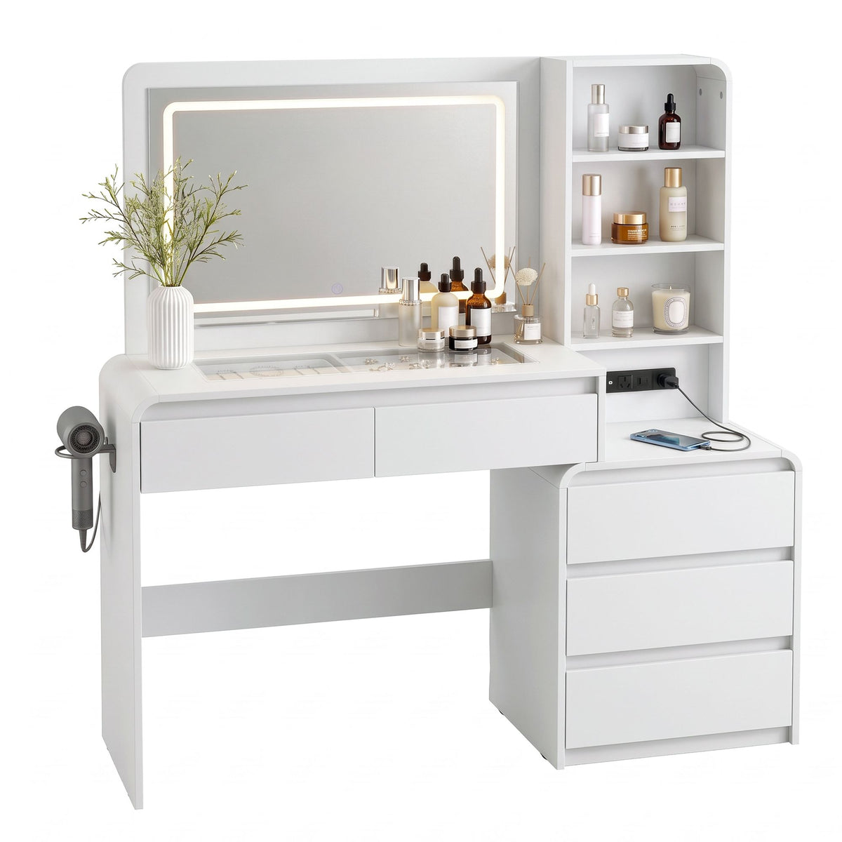 Dressing Table Makeup Vanity Desk with LED Mirror, Drawers & Charging Station - White