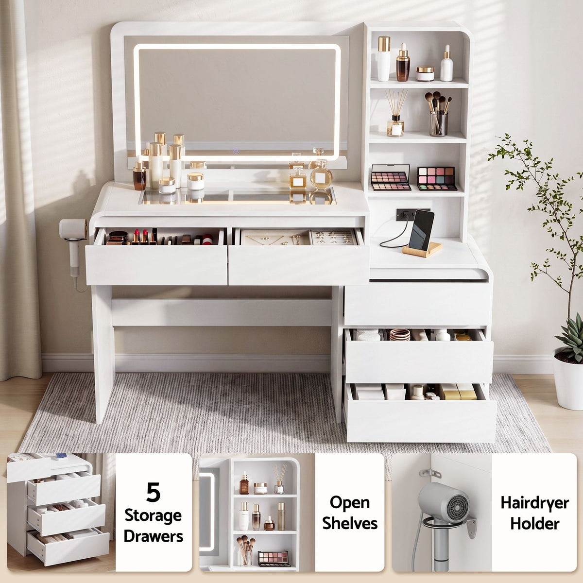 Dressing Table Makeup Vanity Desk with LED Mirror, Drawers & Charging Station - White