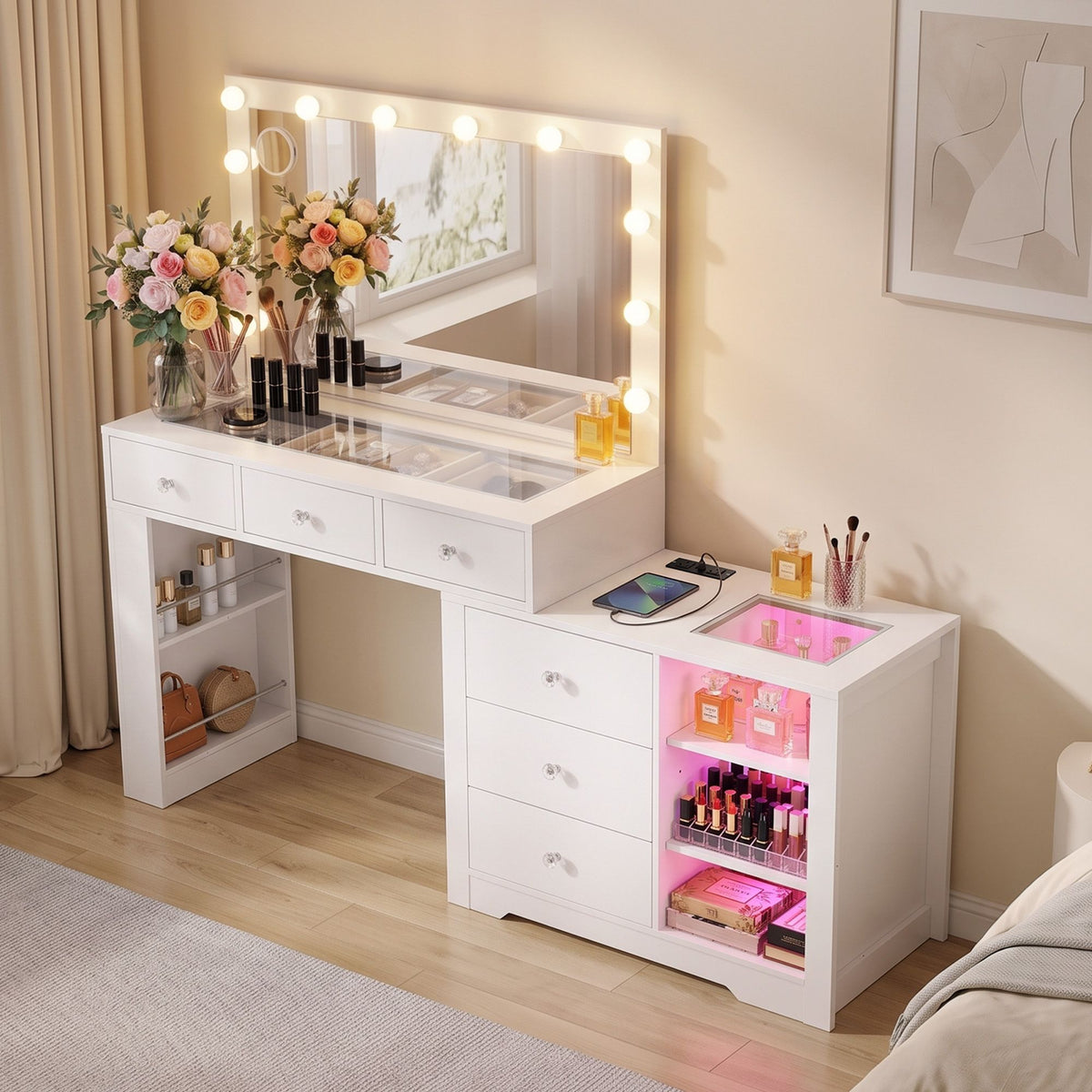 Dressing Table Makeup Vanity Desk with LED Mirror, Charging Station & Storage Drawers - White