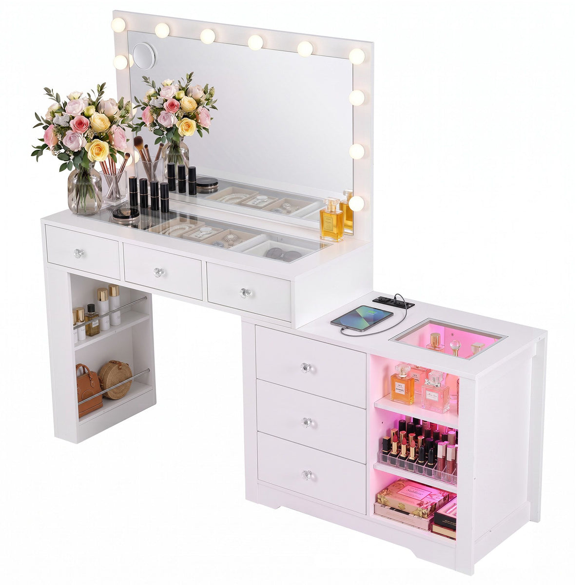 Dressing Table Makeup Vanity Desk with LED Mirror, Charging Station & Storage Drawers - White