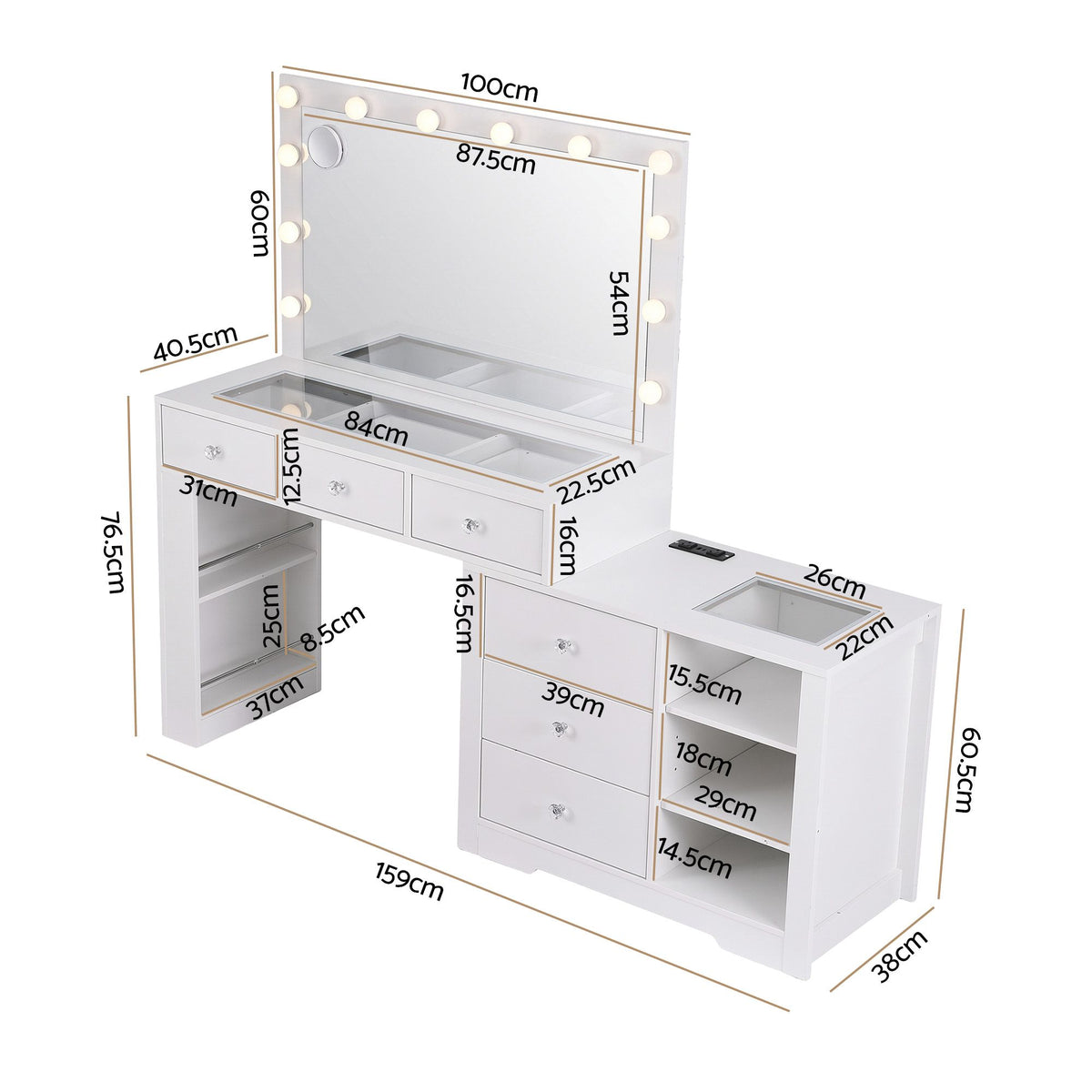 Dressing Table Makeup Vanity Desk with LED Mirror, Charging Station & Storage Drawers - White