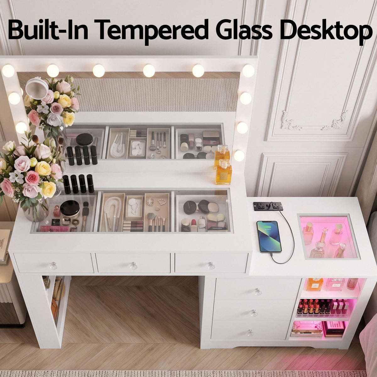 Dressing Table Makeup Vanity Desk with LED Mirror, Charging Station & Storage Drawers - White