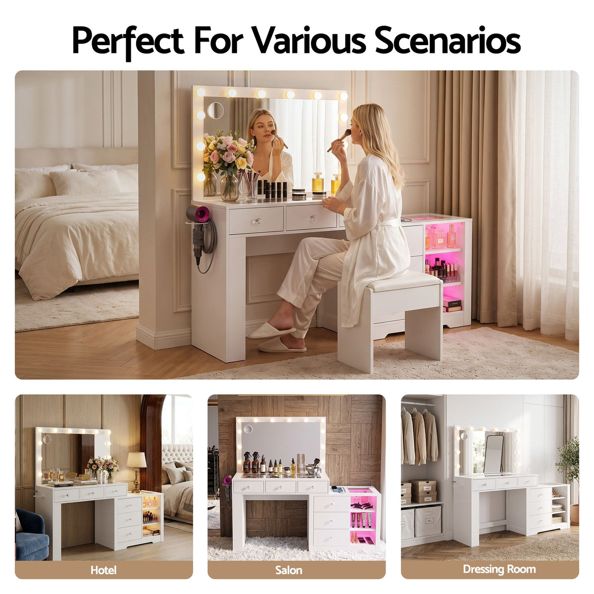 Dressing Table Makeup Vanity Desk with LED Mirror, Charging Station & Storage Drawers - White
