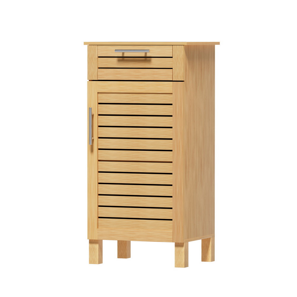 Bathroom Cabinet Storage 90cm wooden JILL with slatted door, drawer, metal handles, and raised wooden legs on white background