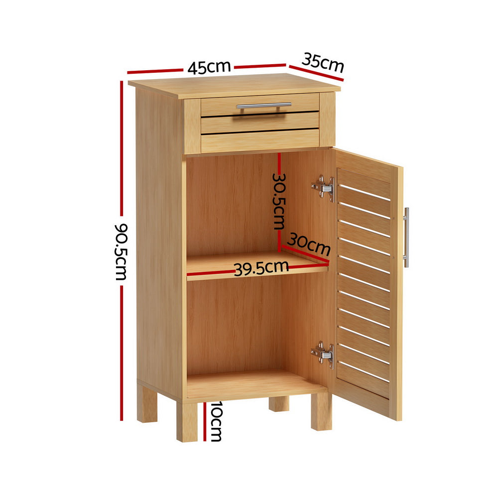 Bathroom Cabinet Storage 90cm wooden JILL with drawer, slatted door, internal shelf, and metal handle on white background