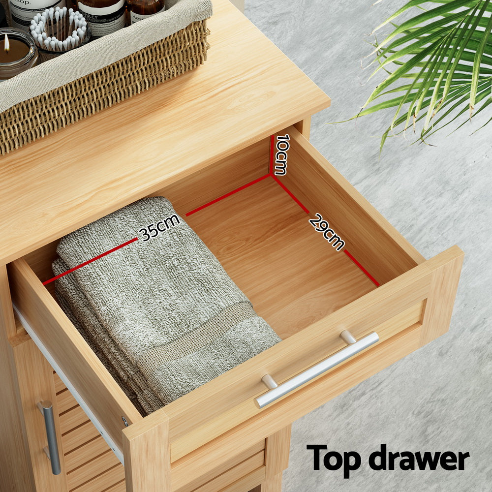 Bathroom Cabinet Storage 90cm wooden JILL with top drawer open showing towel inside and dimension markings
