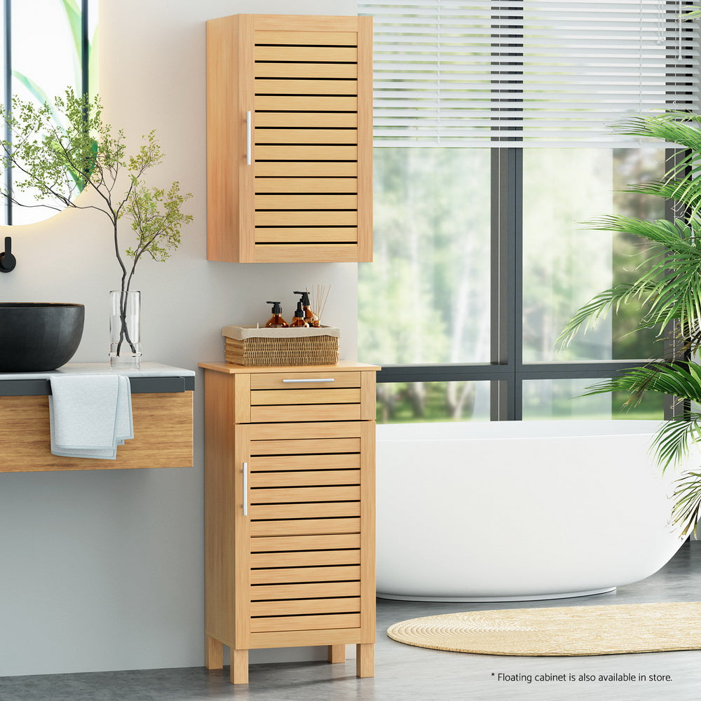 Bathroom Cabinet Storage 90cm wooden JILL slim cabinet with slatted doors in light wood, shown in modern bathroom setting