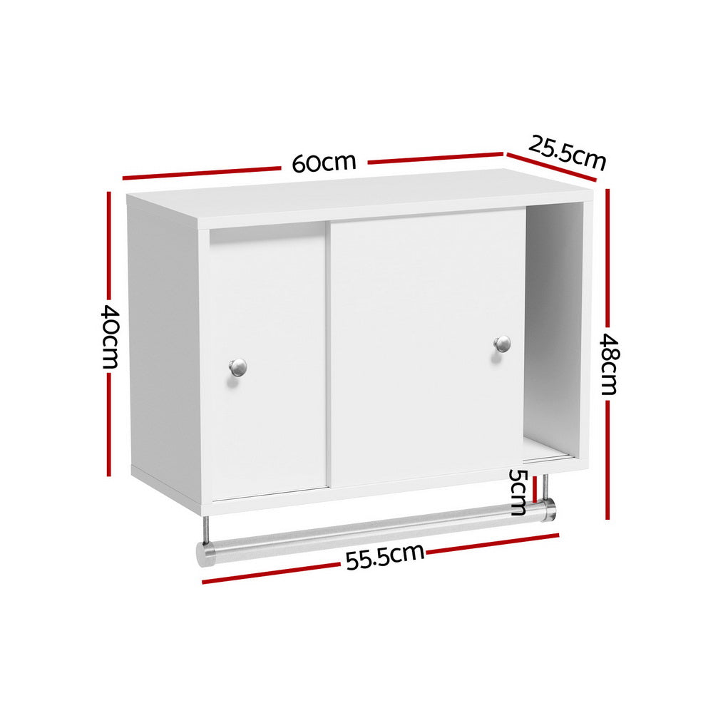 Bathroom Storage Cabinet Wall Mounted Cupboard Vanity Medicine Organiser with two doors and towel rail, white finish, dimensions shown