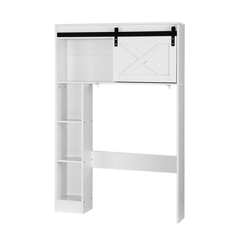 Bathroom Cabinet Over the Toilet Storage Organiser Laundry Shelf 128cm in white with open shelves and sliding door unit