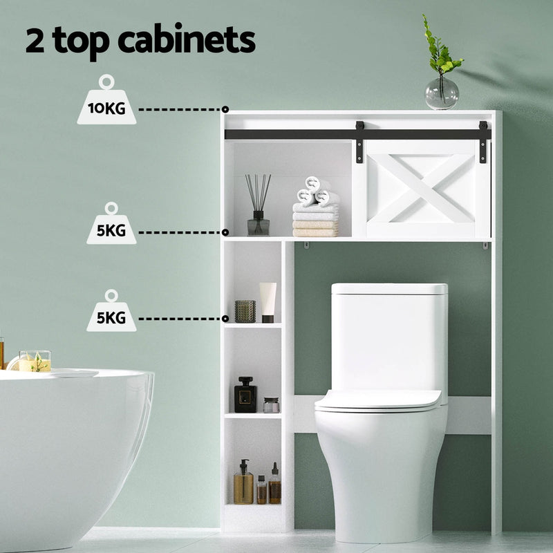 Bathroom Cabinet Over the Toilet Storage Organiser Laundry Shelf 128cm with white shelves and sliding door above toilet