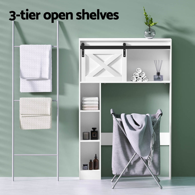 Bathroom Cabinet Over the Toilet Storage Organiser Laundry Shelf 128cm with 3-tier open shelves and white frame against green wall