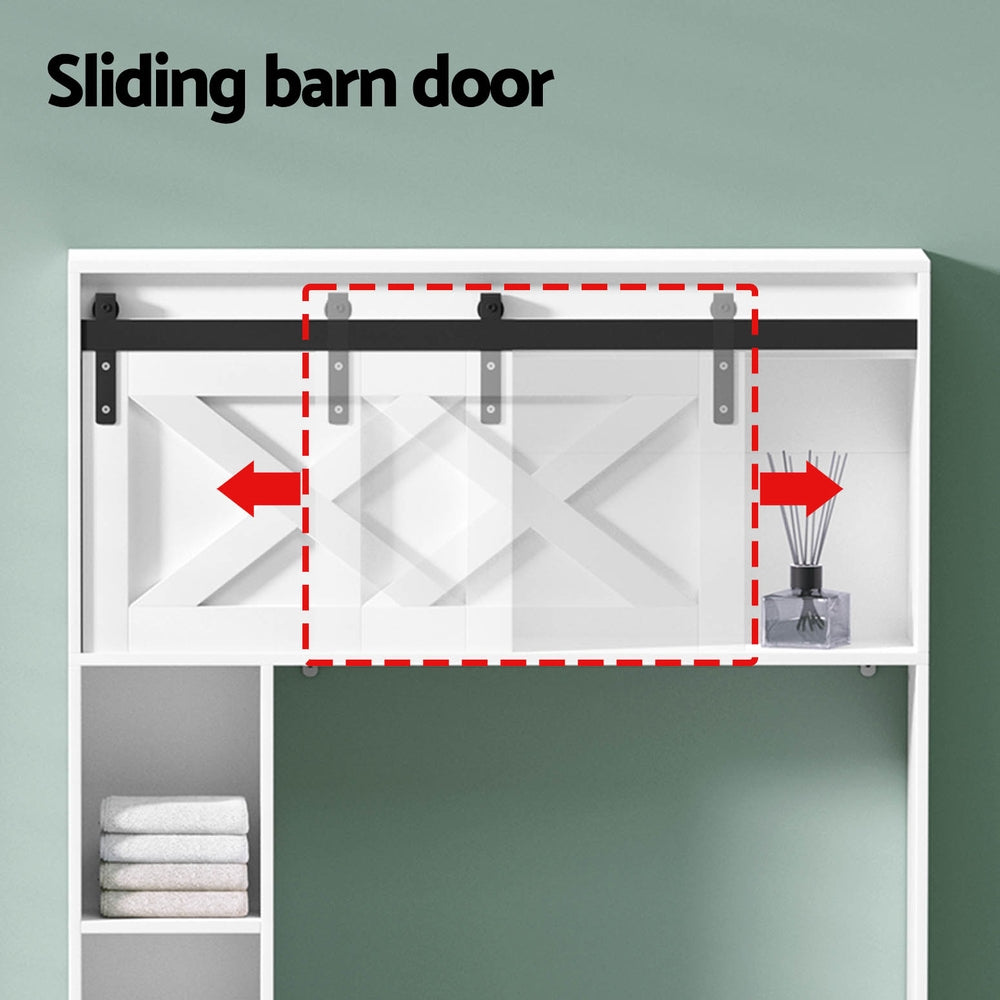 Bathroom Cabinet Over the Toilet Storage Organiser Laundry Shelf 128cm with sliding barn door and open shelving sections