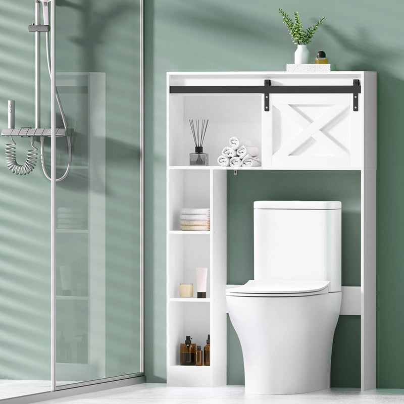 Bathroom Cabinet Over the Toilet Storage Organiser Laundry Shelf 128cm with open shelves, sliding door, and white finish in green bathroom