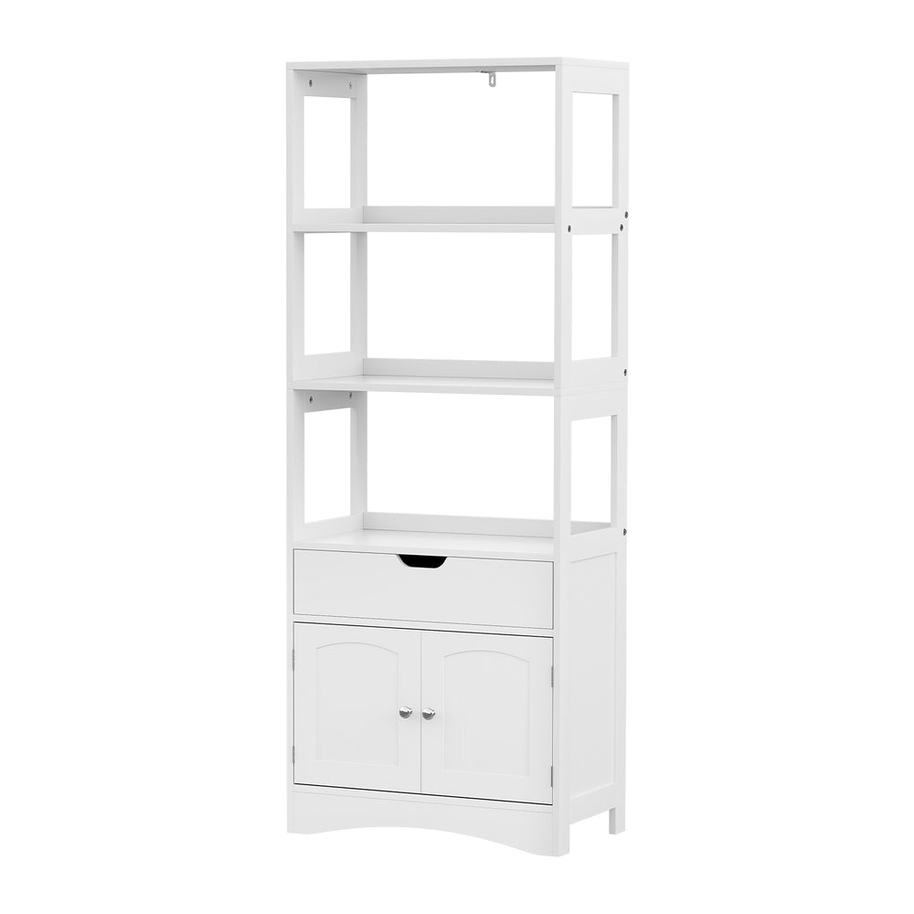 Bathroom Floor Storage Cabinet with 2 Drawers 3 Open Shelves 2 Doors White with metal knobs on white background