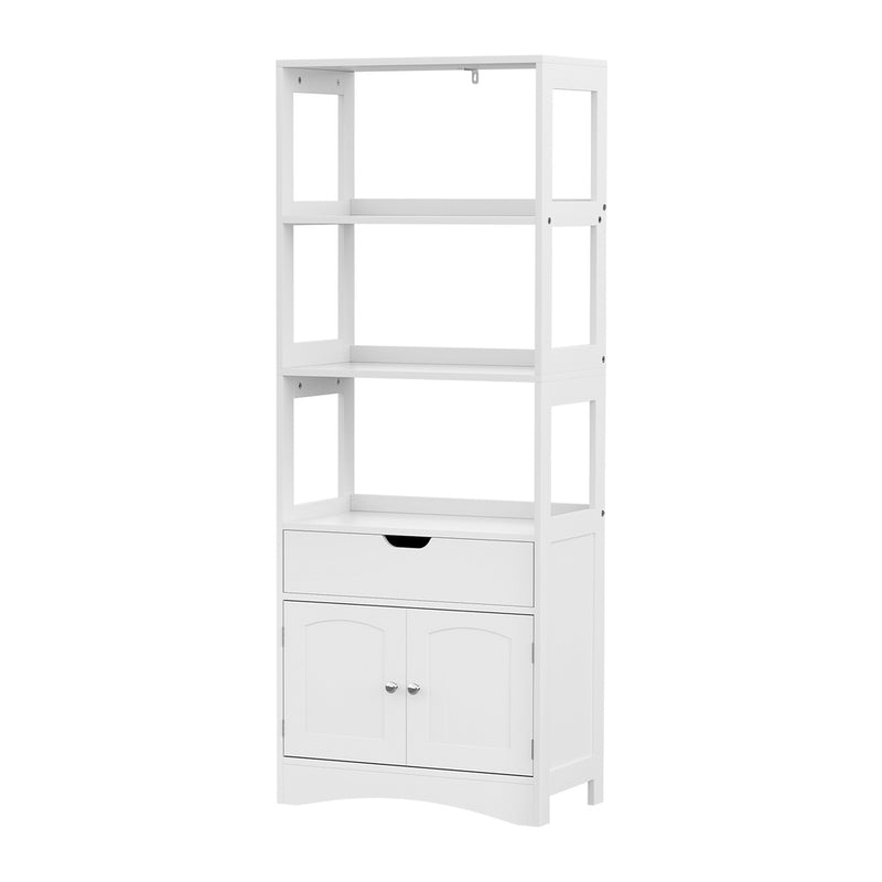 Bathroom Floor Storage Cabinet with 2 Drawers 3 Open Shelves 2 Doors White with metal knobs on white background