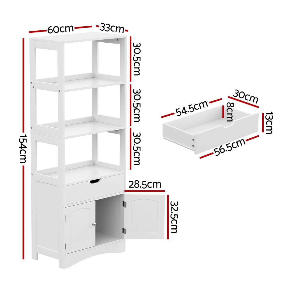 Bathroom Floor Storage Cabinet with 2 Drawers 3 Open Shelves 2 Doors White with detailed dimensions shown on a white background