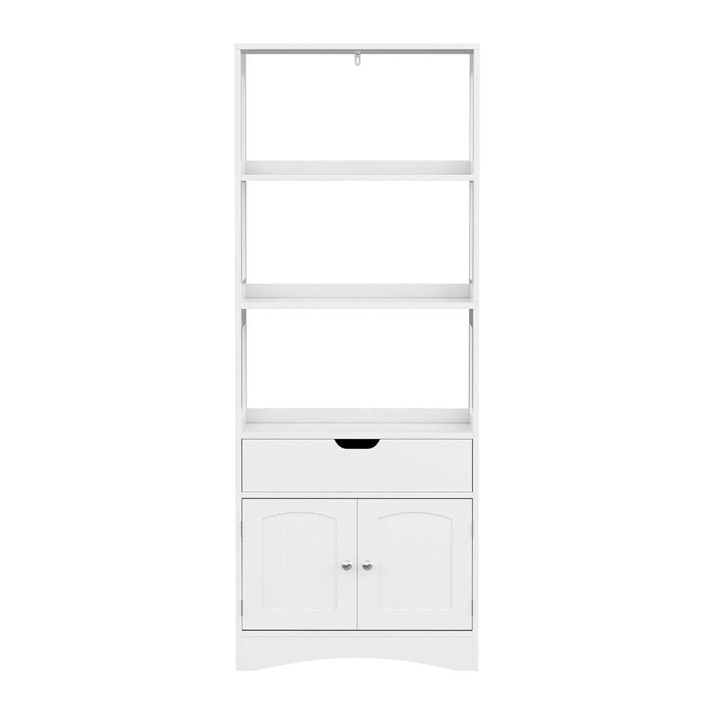 Bathroom Floor Storage Cabinet with 2 Drawers 3 Open Shelves 2 Doors White, featuring sleek handles and clean lines on white finish