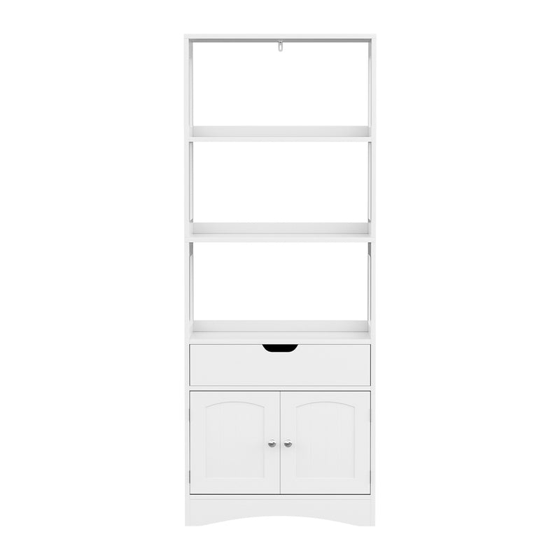Bathroom Floor Storage Cabinet with 2 Drawers 3 Open Shelves 2 Doors White, featuring sleek handles and clean lines on white finish