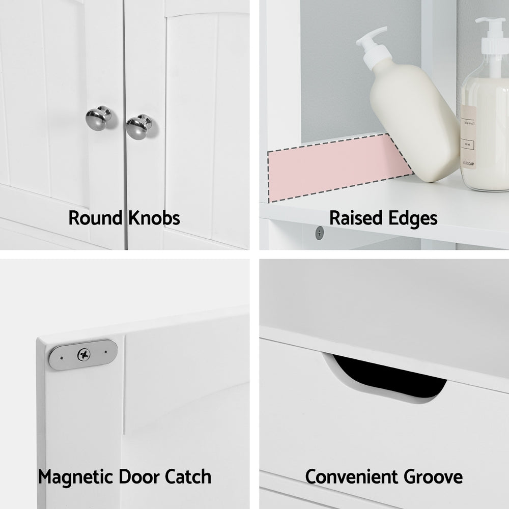 Bathroom Floor Storage Cabinet with 2 Drawers 3 Open Shelves 2 Doors White showing round knobs, raised edges, magnetic door catch, and groove handle details