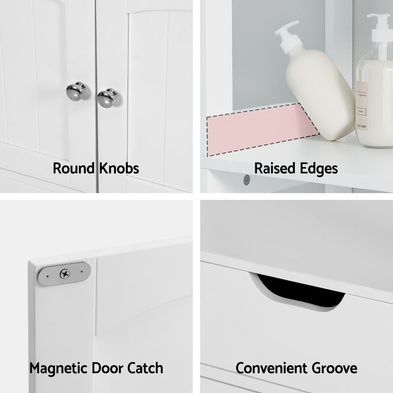 Bathroom Floor Storage Cabinet with 2 Drawers 3 Open Shelves 2 Doors White showing round knobs, raised edges, magnetic door catch, and groove handle details