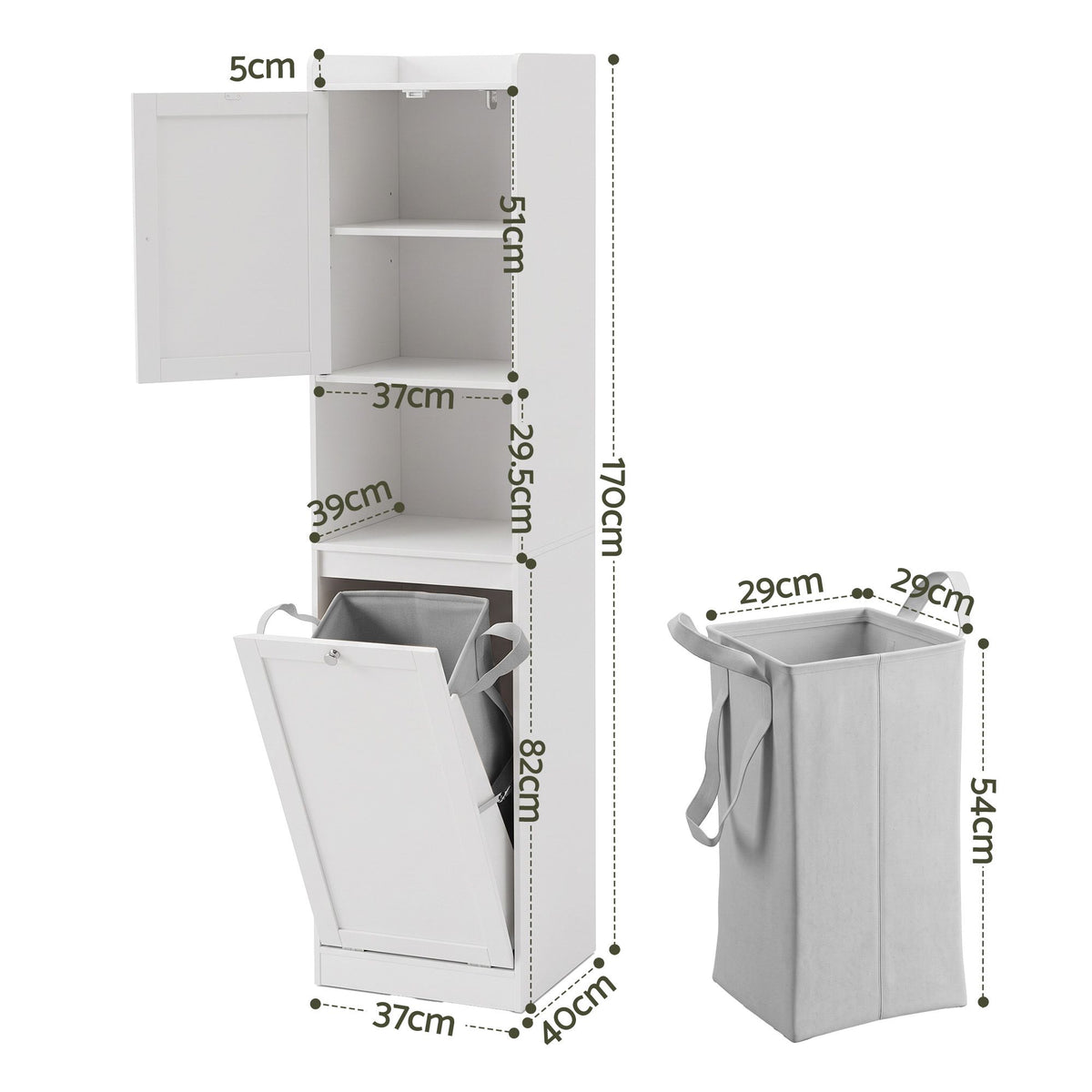 Tall Bathroom Storage Cabinet with Tilt-Out Laundry Hamper 170cm - White