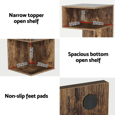 Artistic Bedside Table - Rust Oak with narrow and spacious open shelves and non-slip feet pads in rustic wood finish