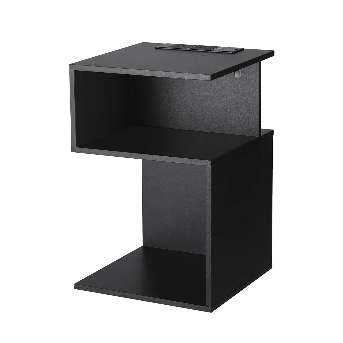 Bedside Table with 2 Shelves and S-Shaped Charging Station - Black