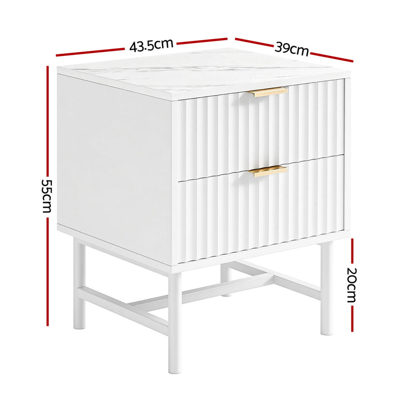 Bedside Table 2 Drawers - White with textured drawer fronts, gold handles, and raised metal legs for bedroom furniture.