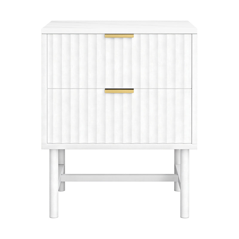 Bedside Table 2 Drawers - White with textured front panels, gold handles, and raised legs in modern bedroom furniture style
