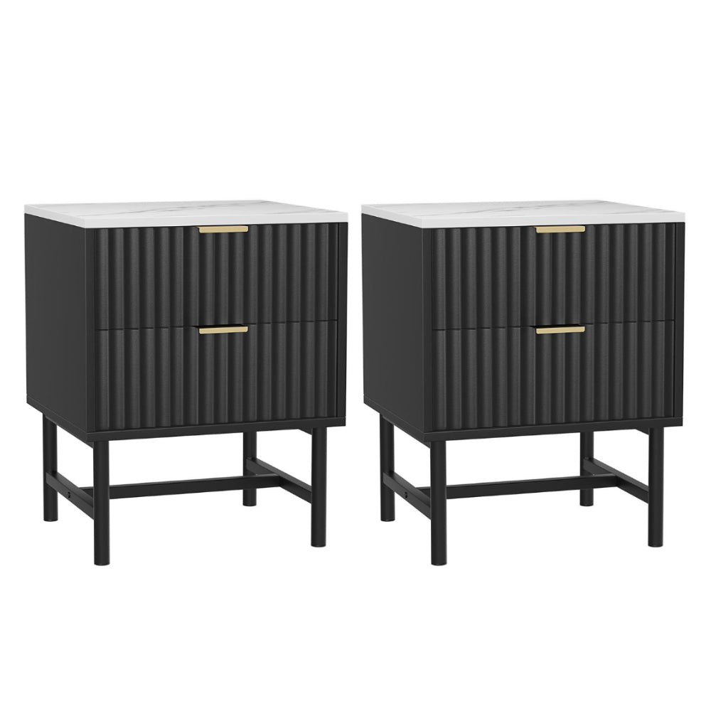 2x Bedside Table 2 Drawers - Black with textured drawer fronts, gold handles, and white tops on black metal legs