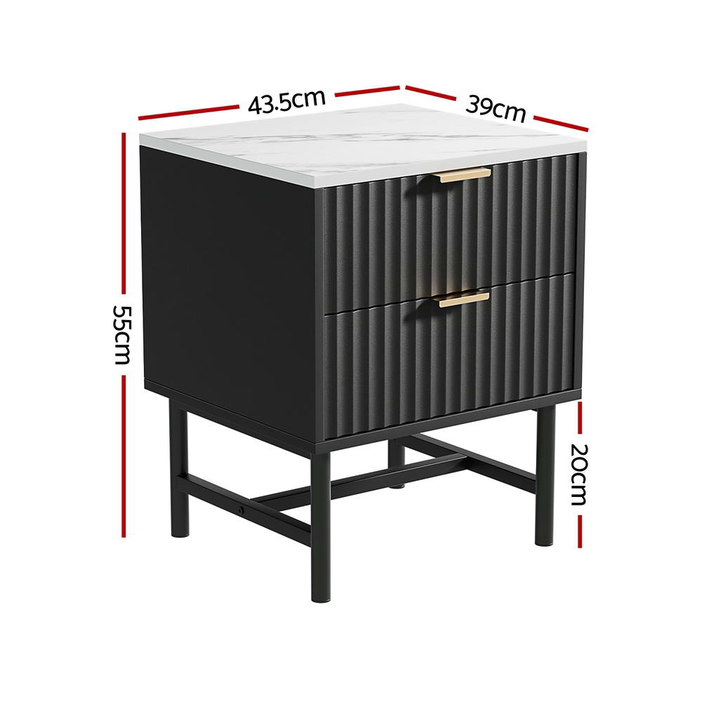 2x Bedside Table 2 Drawers - Black with ribbed drawer fronts, gold handles, marble top, and elevated metal legs showing dimensions