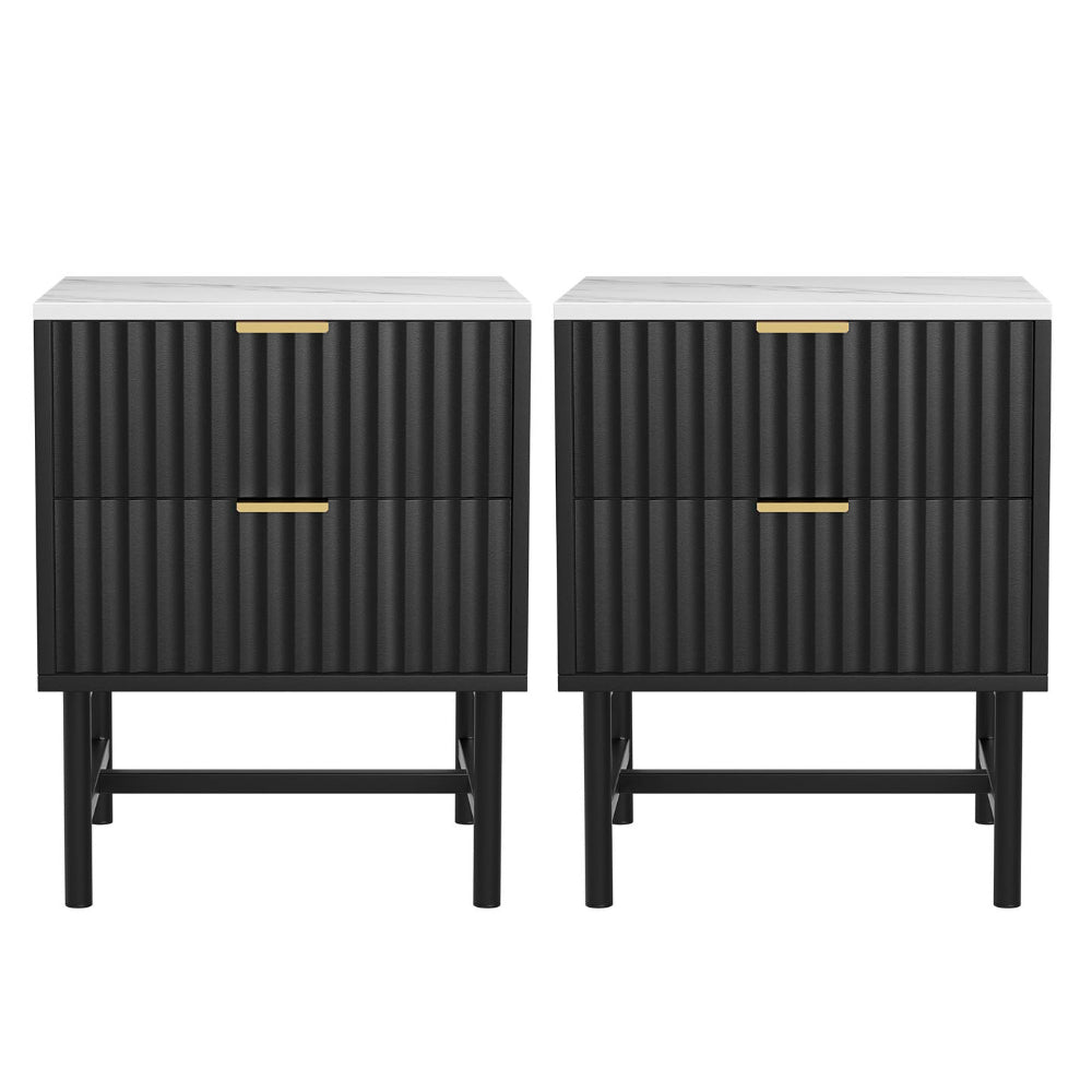 2x Bedside Table 2 Drawers - Black with textured drawer fronts, gold handles, and white marble-effect tops on black legs