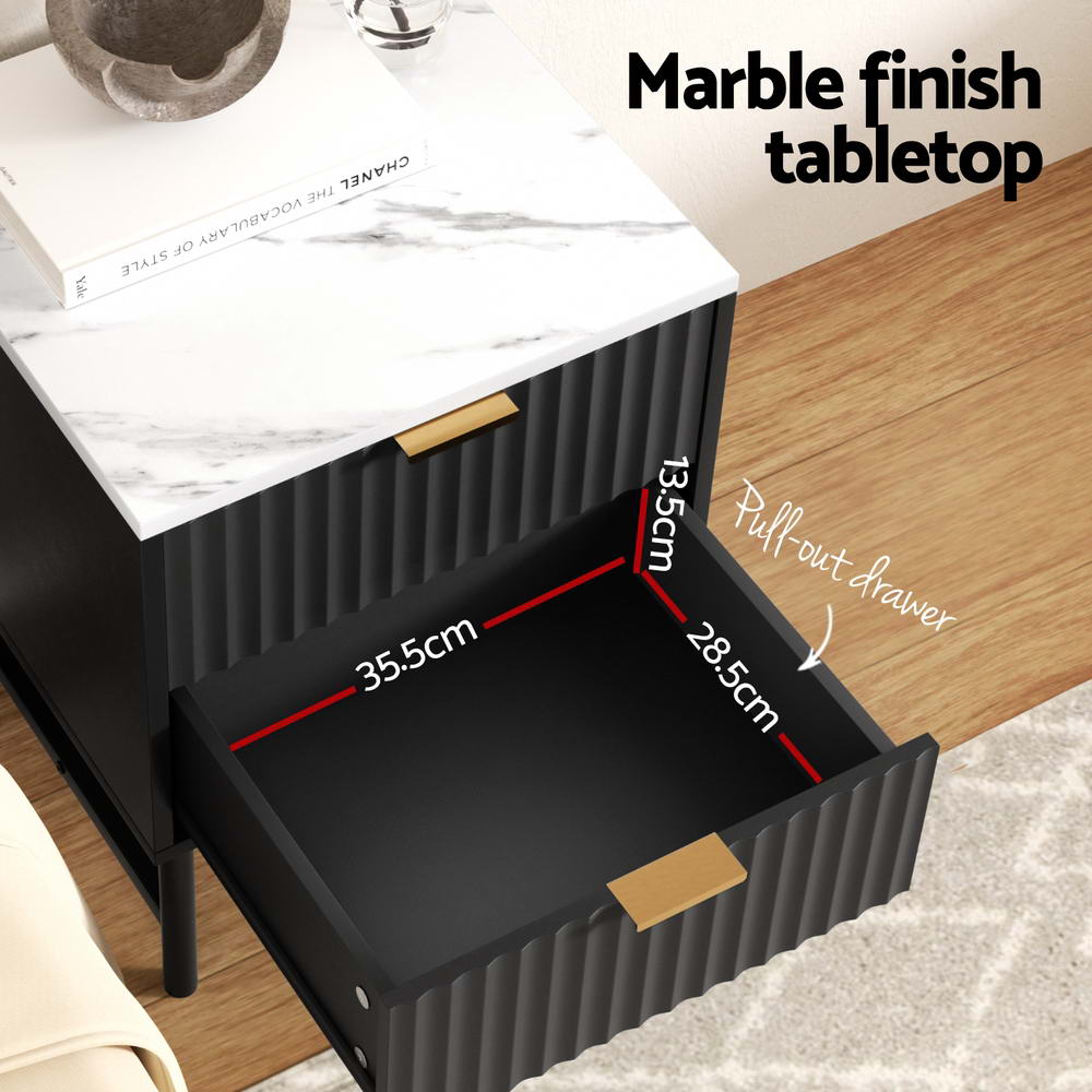 2x Bedside Table 2 Drawers - Black with marble finish tabletop, textured drawer front, and gold handles on wooden floor