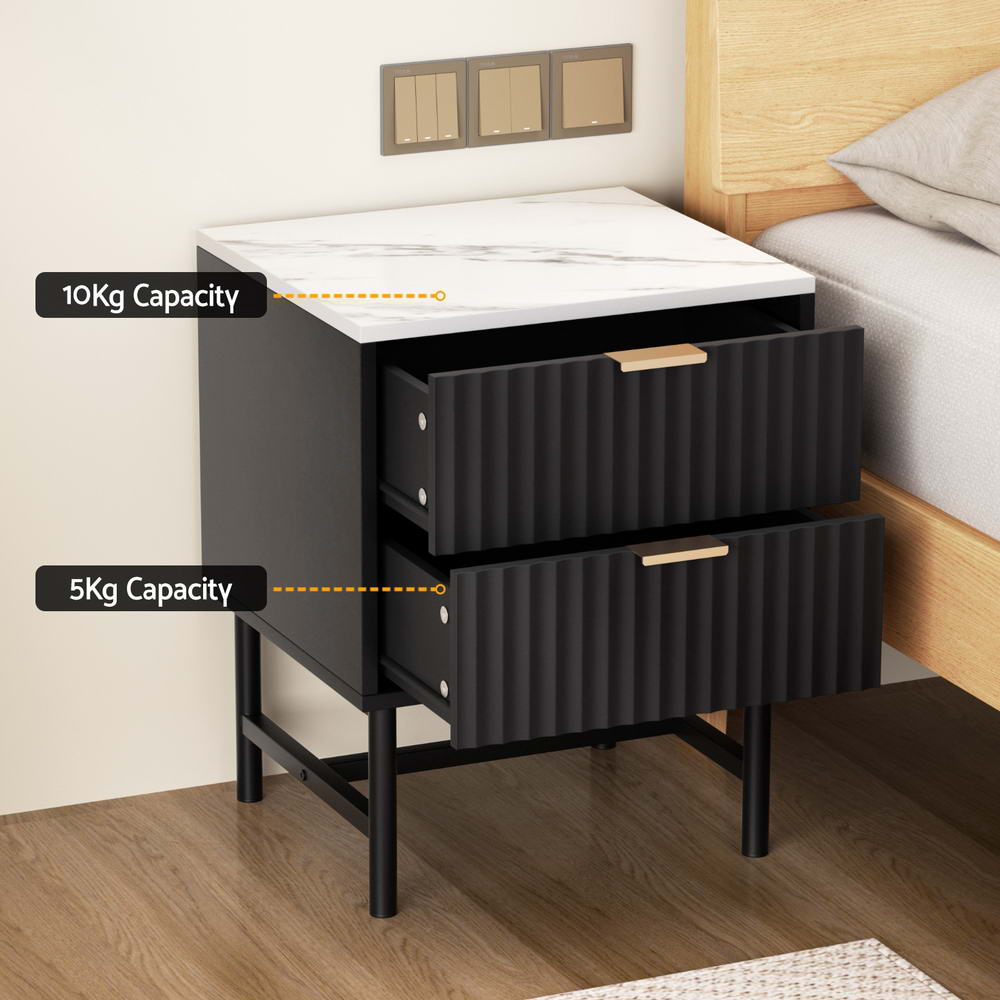 2x Bedside Table 2 Drawers - Black with textured drawer fronts, marble top, and metal frame next to wooden bed frame