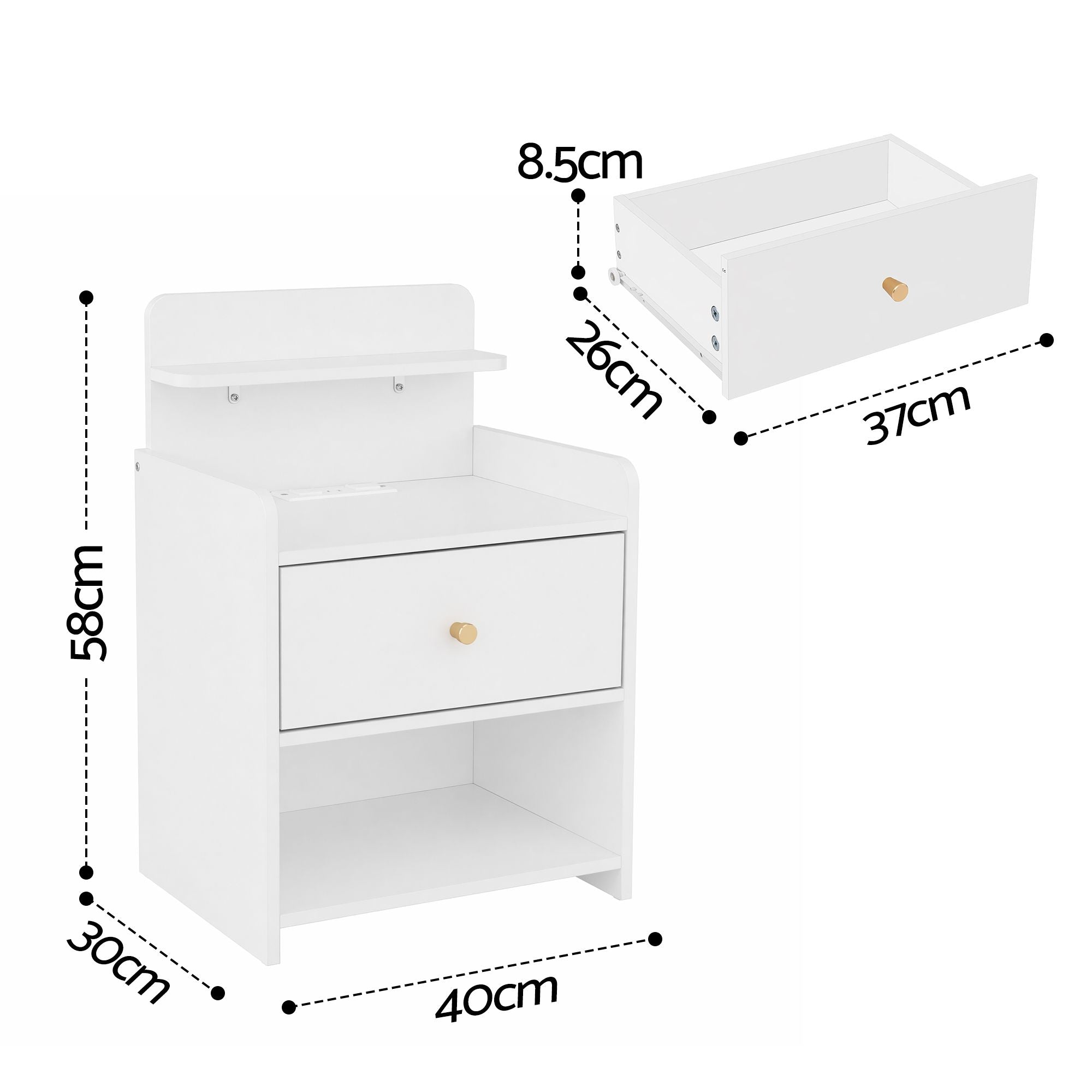 Bedside Table Drawer Charging Station White