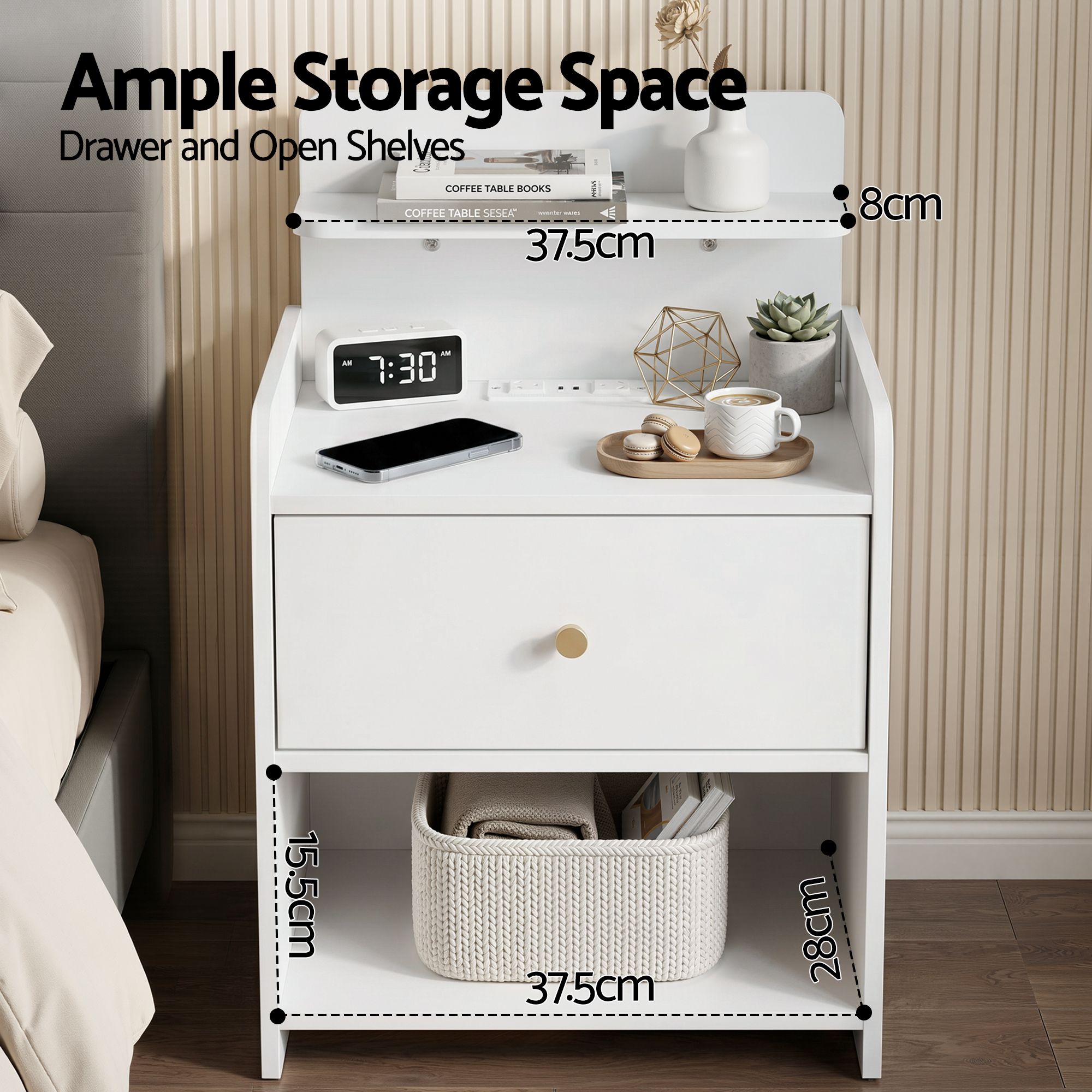 Bedside Table Drawer Charging Station White