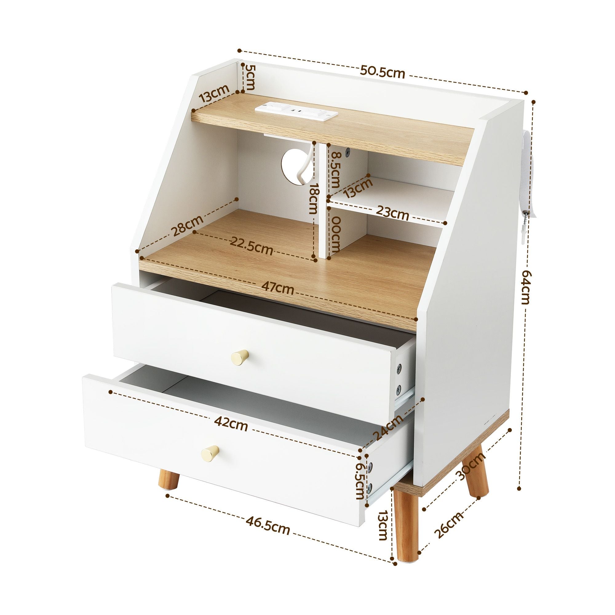 Bedside Table 2 Drawers Charging Station White and Pine