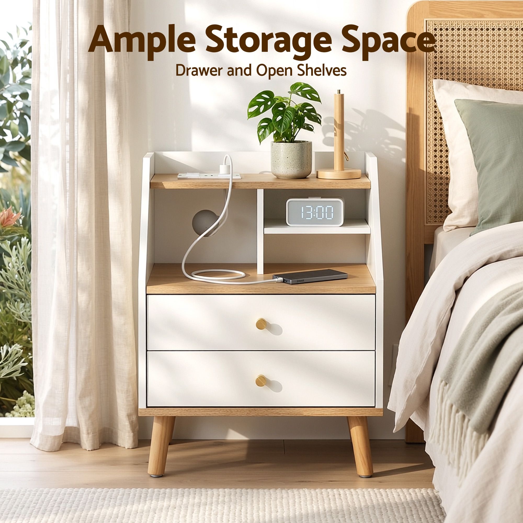 Bedside Table 2 Drawers Charging Station White and Pine