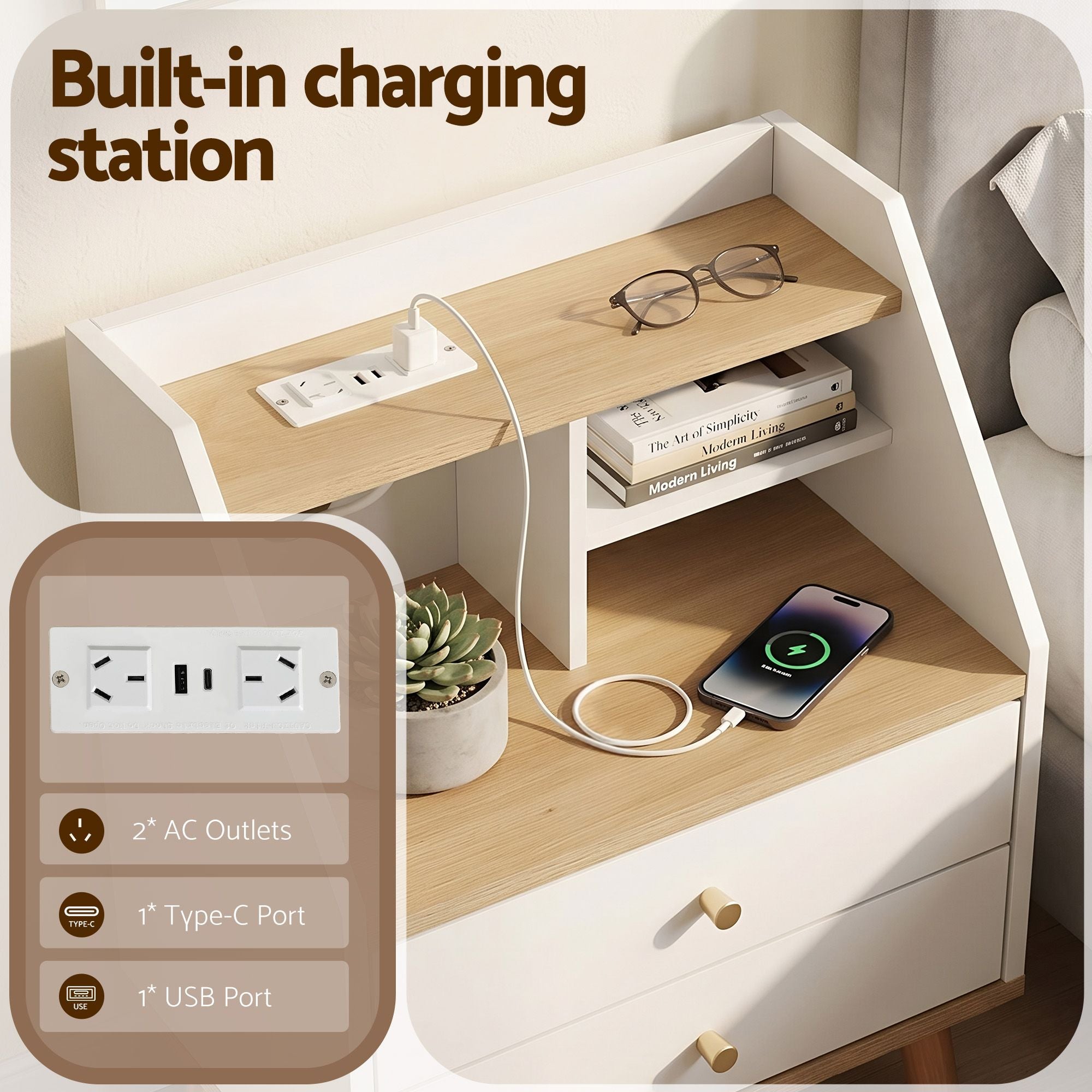 Bedside Table 2 Drawers Charging Station White and Pine