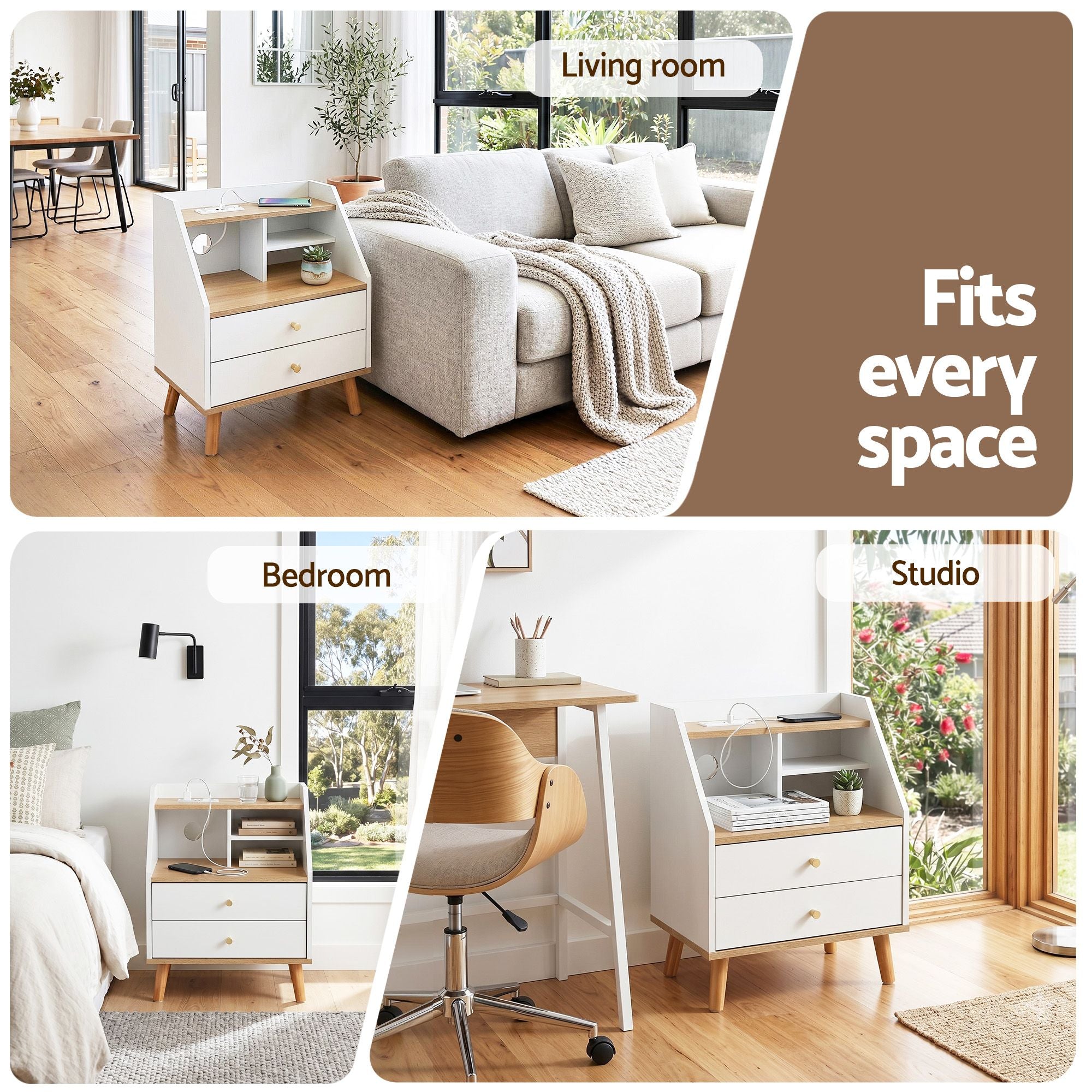 Bedside Table 2 Drawers Charging Station White and Pine