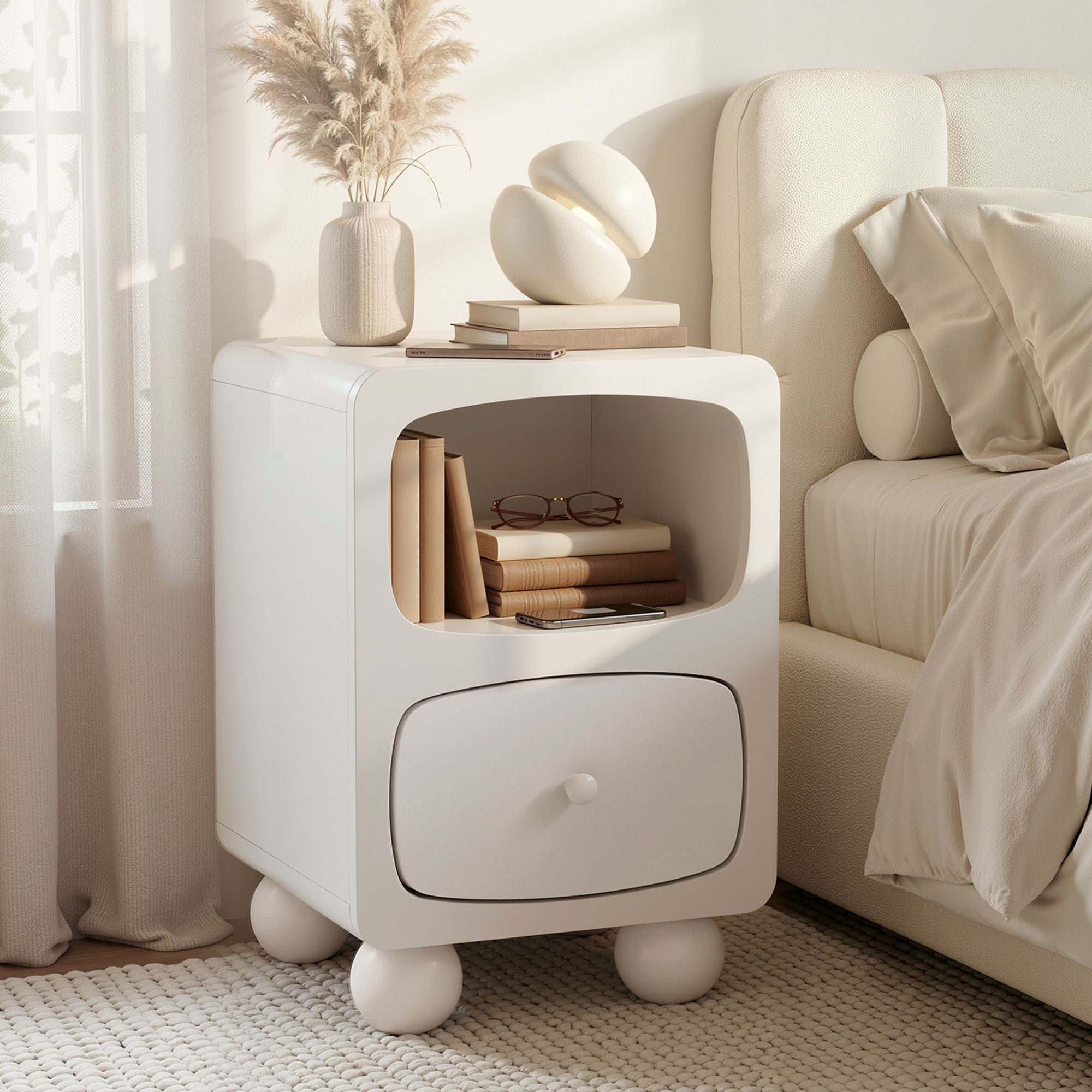 Bedside Table with Storage Drawer and Pine Wood Legs - White