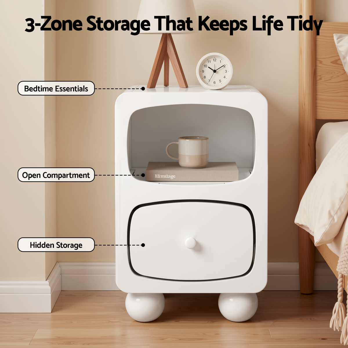 Bedside Table with Storage Drawer and Pine Wood Legs - White
